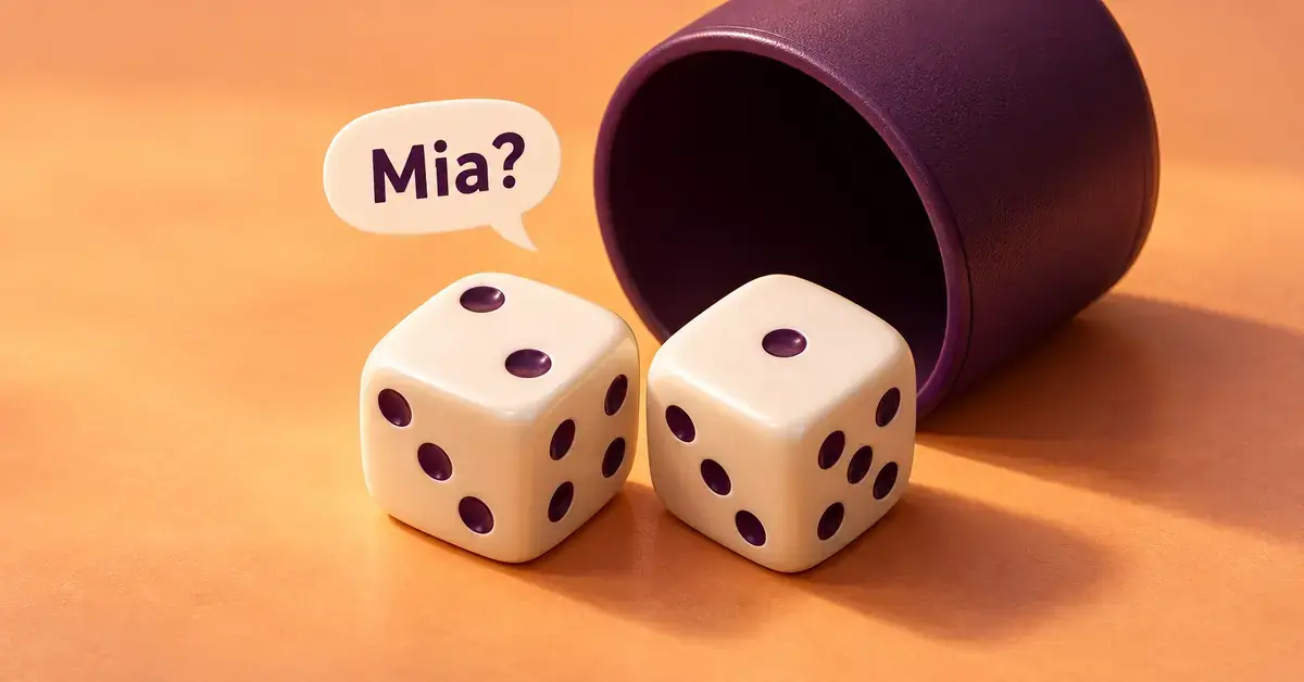Kaksi vaaleaa noppaa näyttää Mia-pelin korkeimman yhdistelmän 21 violetin noppakupin edessä, ja puhekuplassa lukee ”Mia?”.