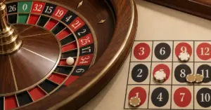 Rulettipyörä, valkoinen pallo ja pelimerkkejä vaalean panostusruudukon numeroiden päällä.
